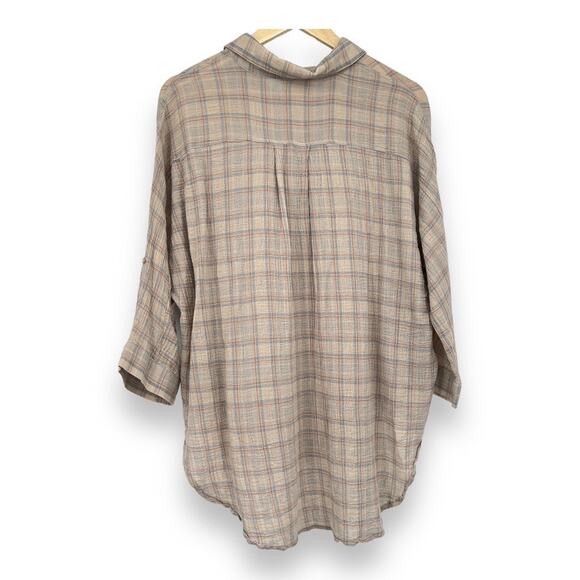 Style Rack Button up Tunic Women's L Gauzy Cotton Tan Blue Plaid Roll Tab Boho - Picture 3 of 9
